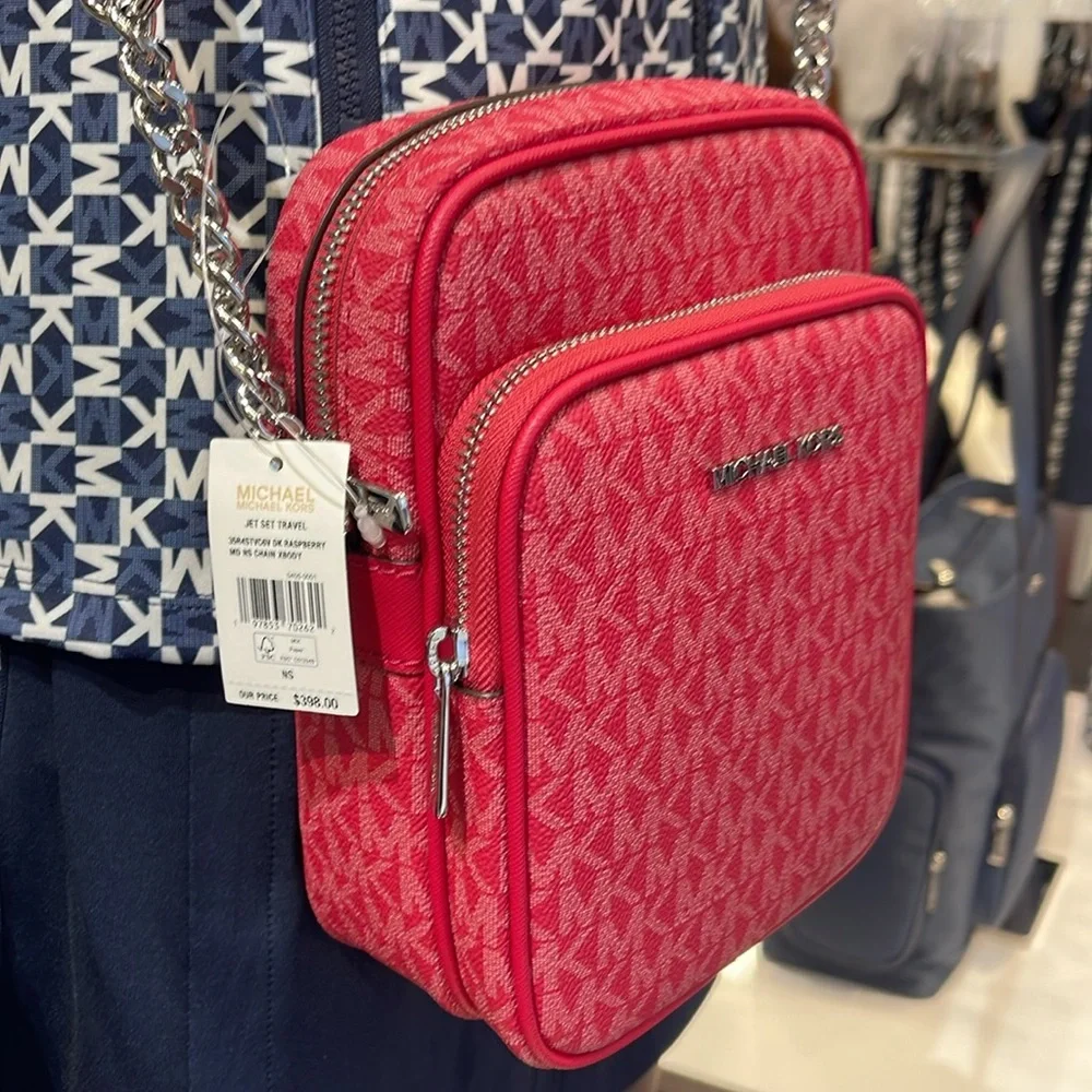 MICHAEL KORS Jet Set Travel Md Signature Logo Crossbody Flight Bag DK RASPBERRY